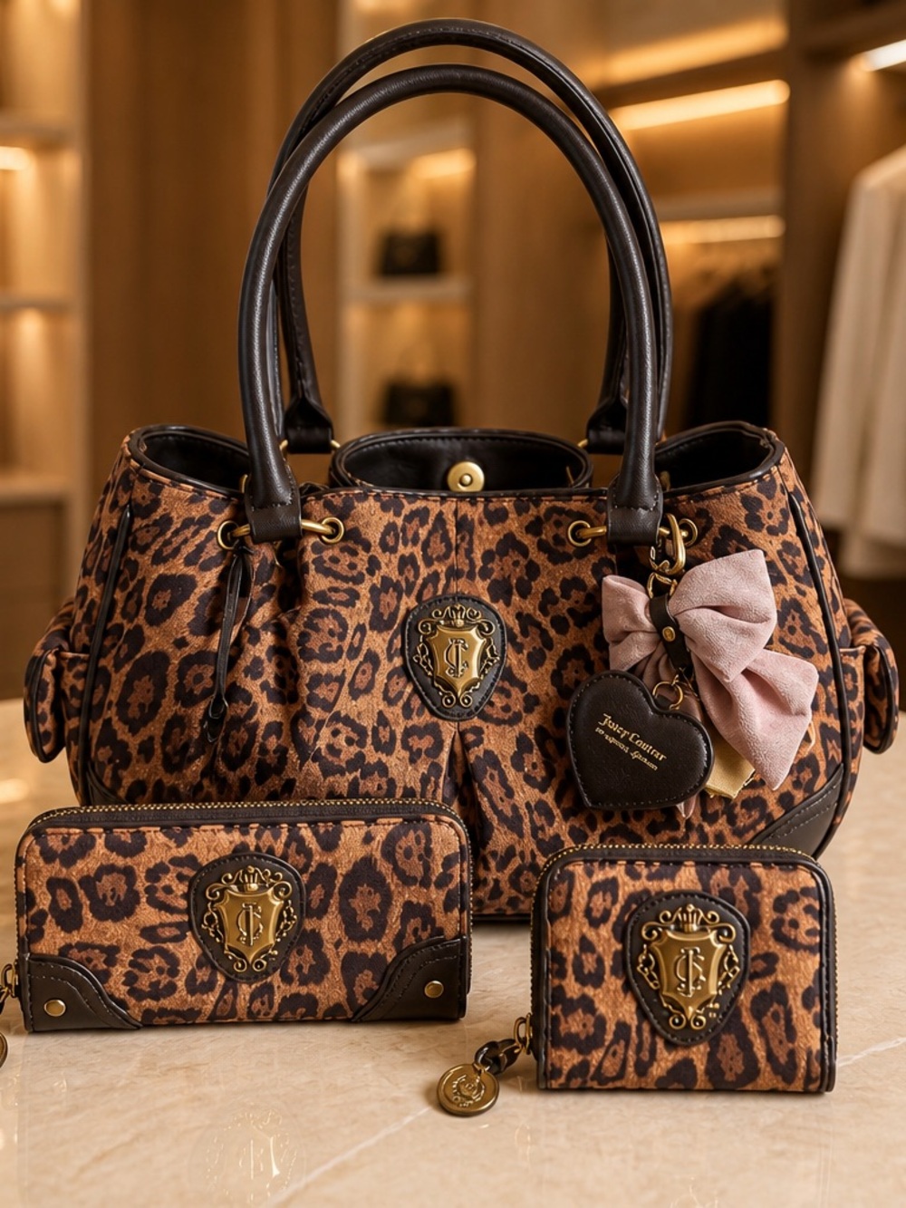 HTF🎀 Juicy Couture Leopard Print Satchel Set with Pink Bow Accents